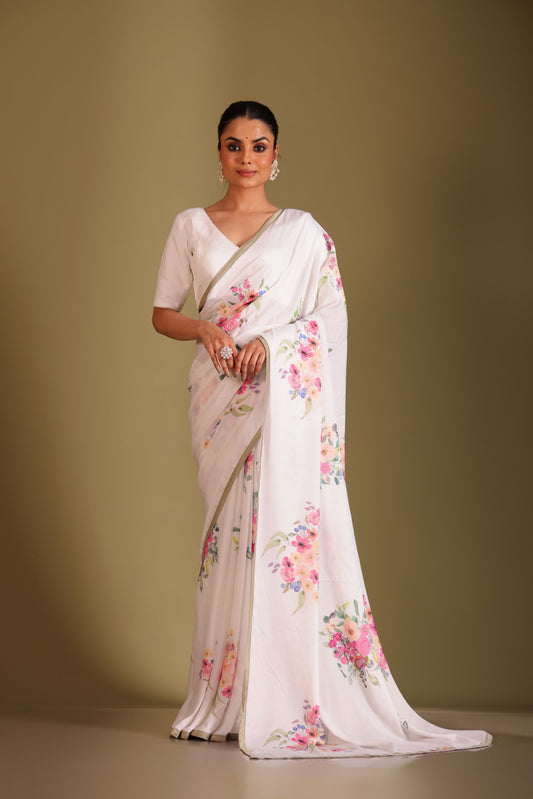 Gulzar White Floral Printed Saree and Blouse- set of 3