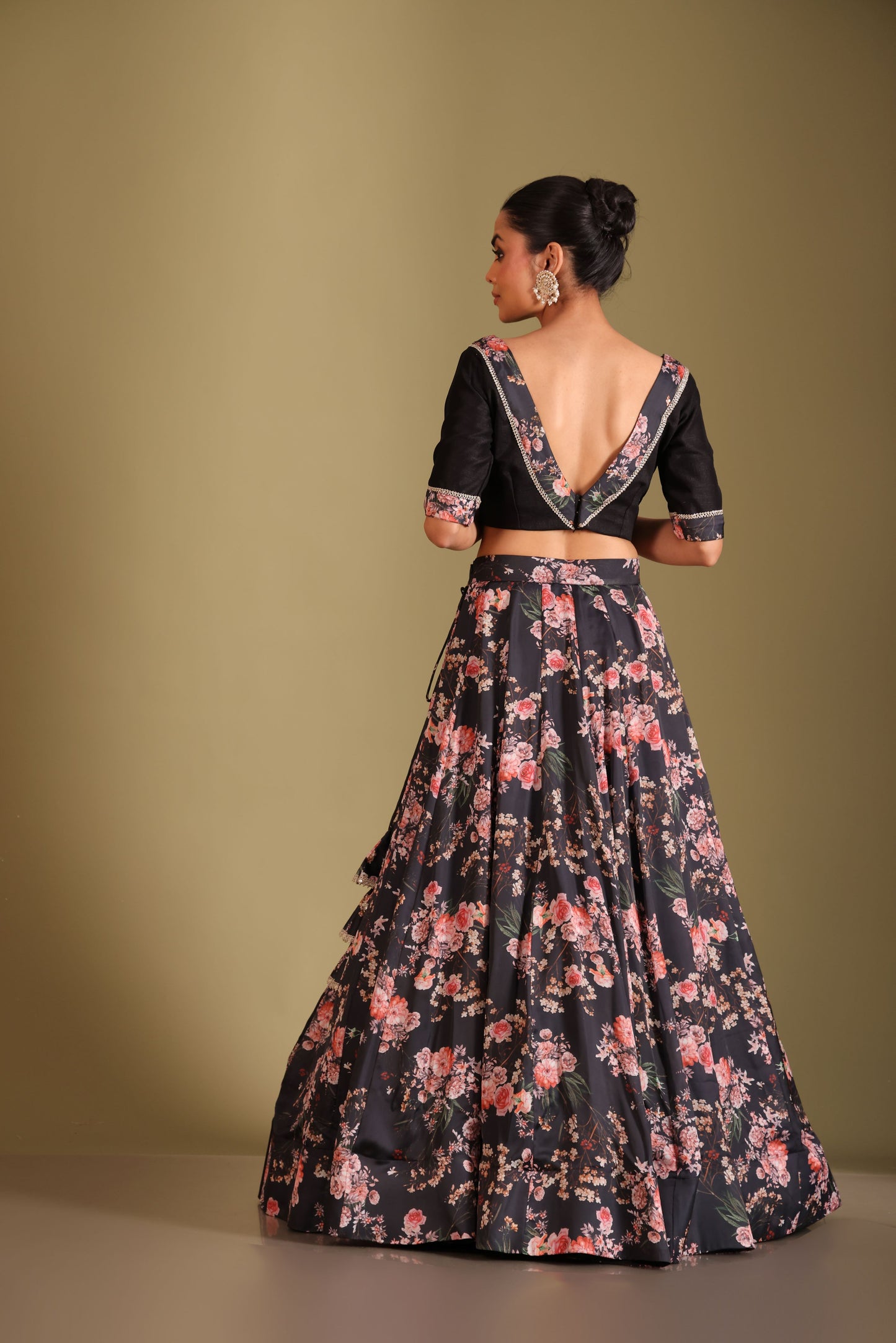 Gulzar Black Floral printed blouse with lehenga and dupatta- set of 3