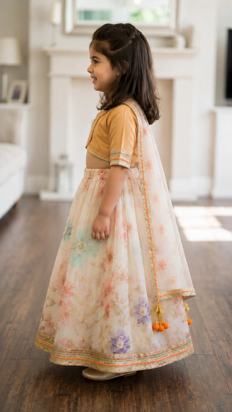 A young girl wearing a traditional Indian ethnic outfit with a mustard yellow crop top and a long, flared cream-colored skirt decorated with pastel floral prints, standing in a bright indoor room.