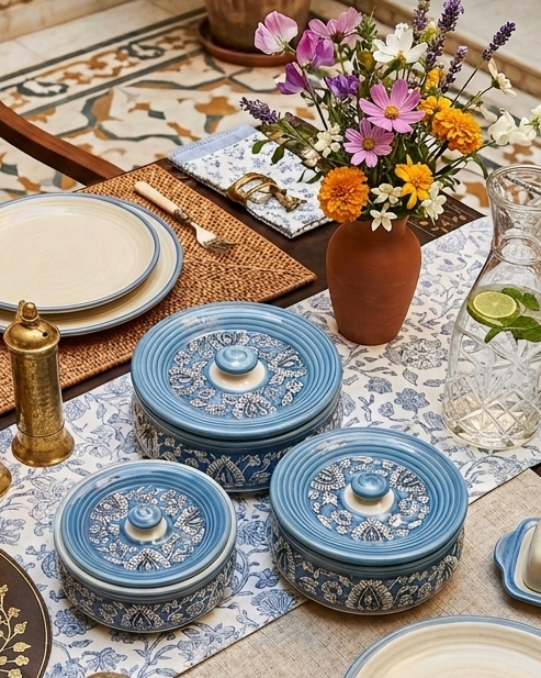 Decorative table setting with ceramic plates, bowls, and a floral arrangement on a patterned tablecloth.