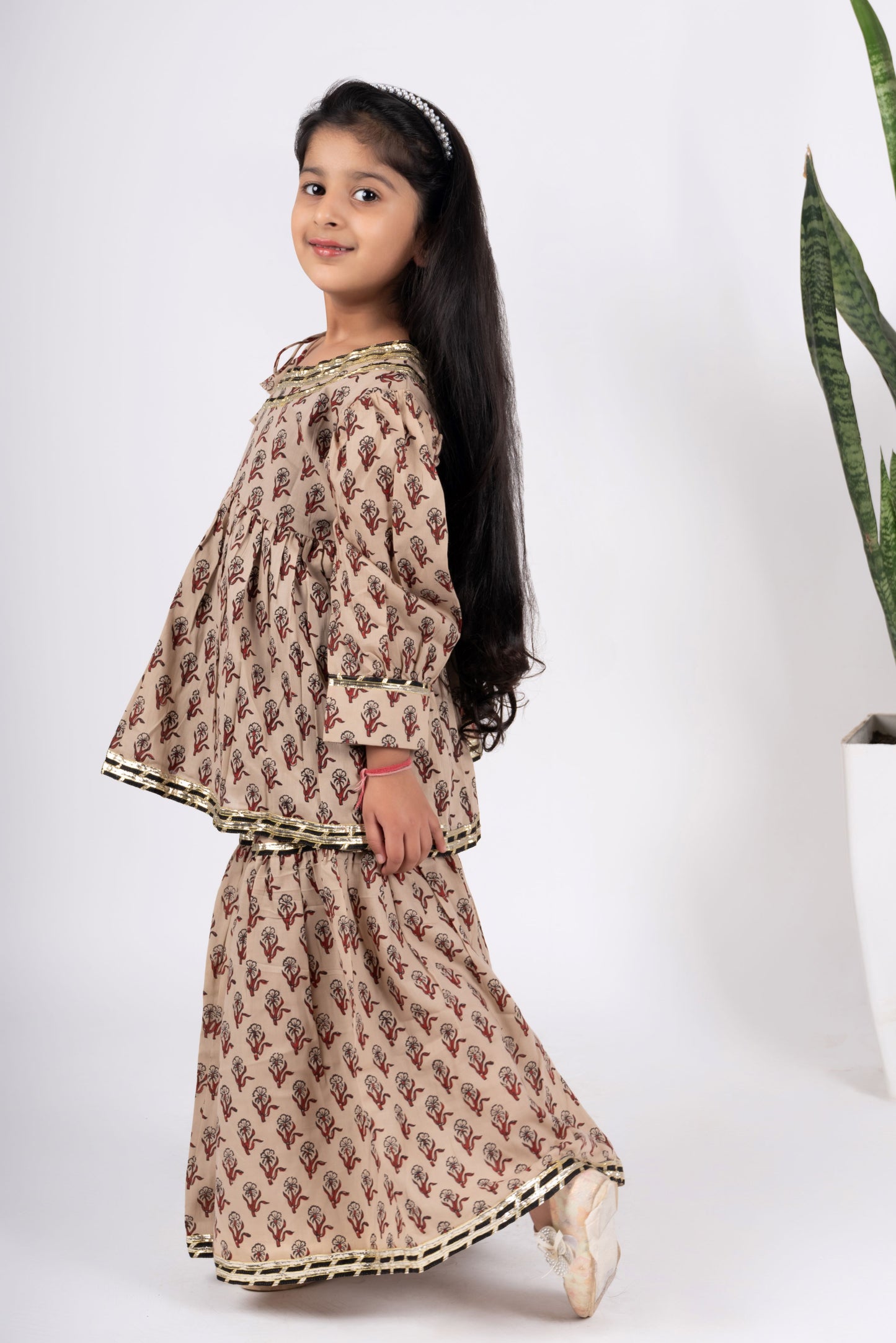 Girls beige kurta coord sharara set