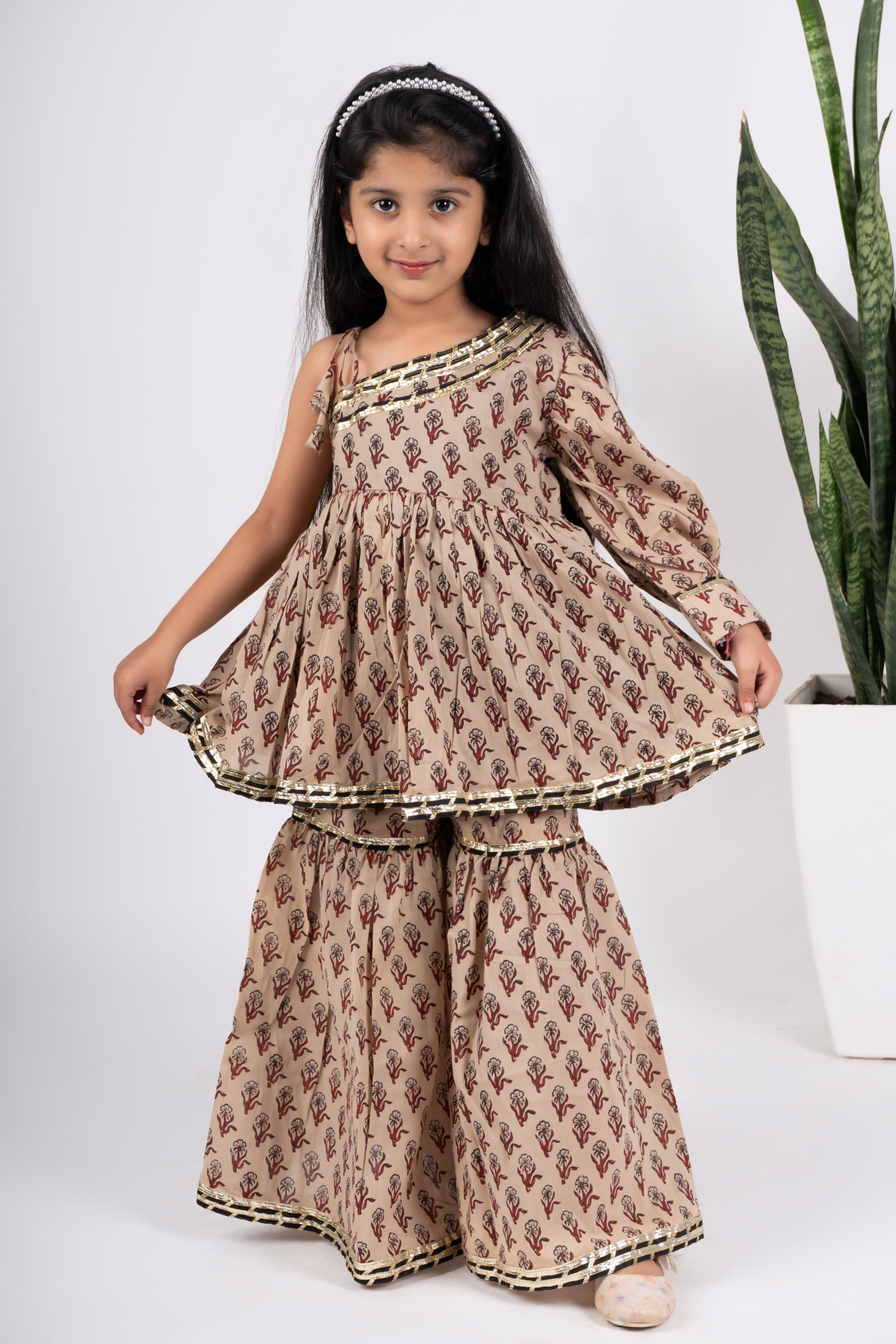 Girls beige kurta coord sharara set