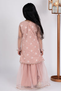 Girls peach net embroidered sharara set