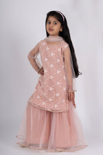 Load image into Gallery viewer, Girls peach net embroidered sharara set
