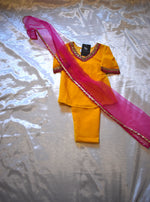 Load image into Gallery viewer, Yellow - girls velvet coord set with pink net dupatta
