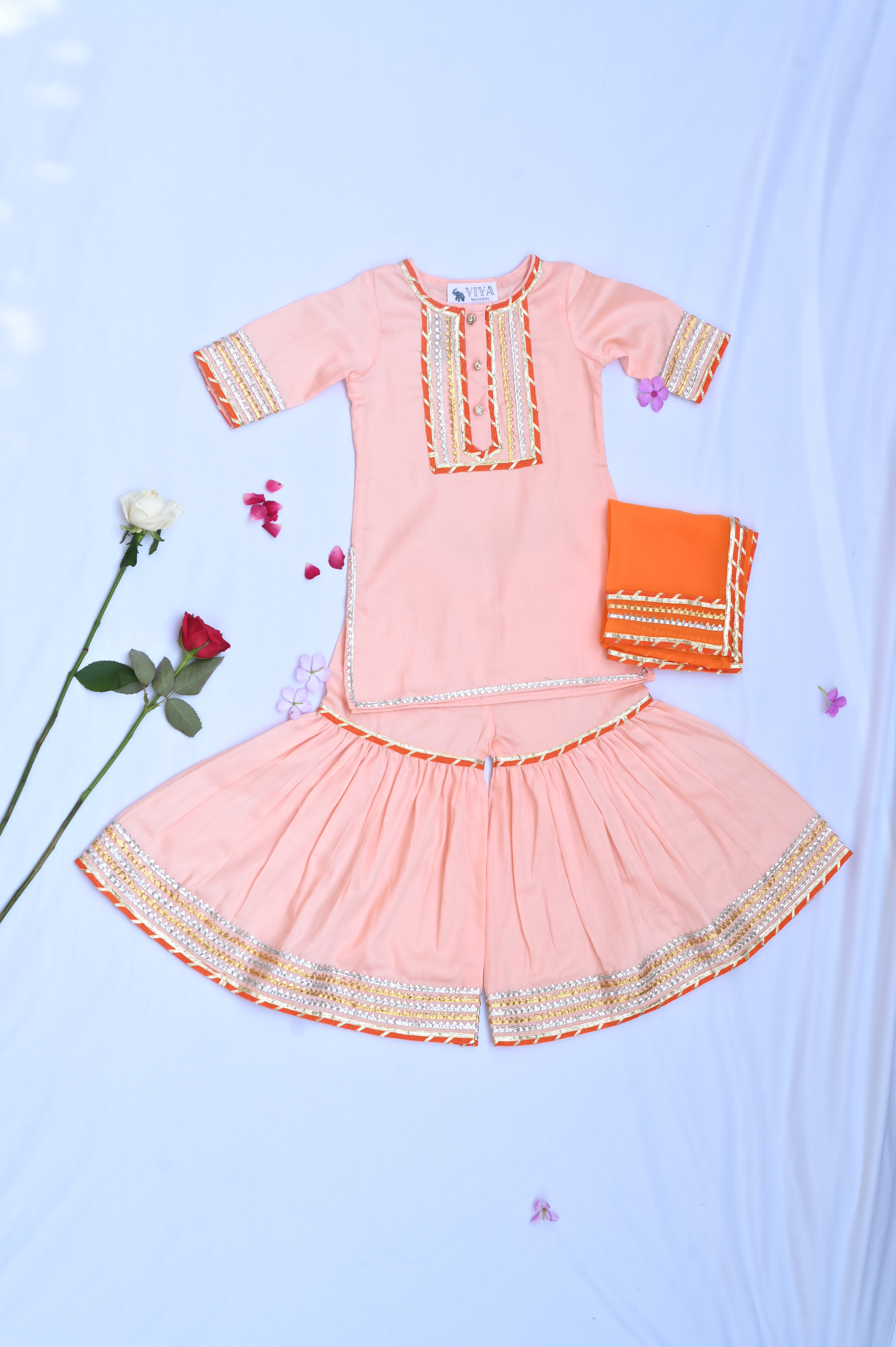 Peach girls sharara with orange dupatta