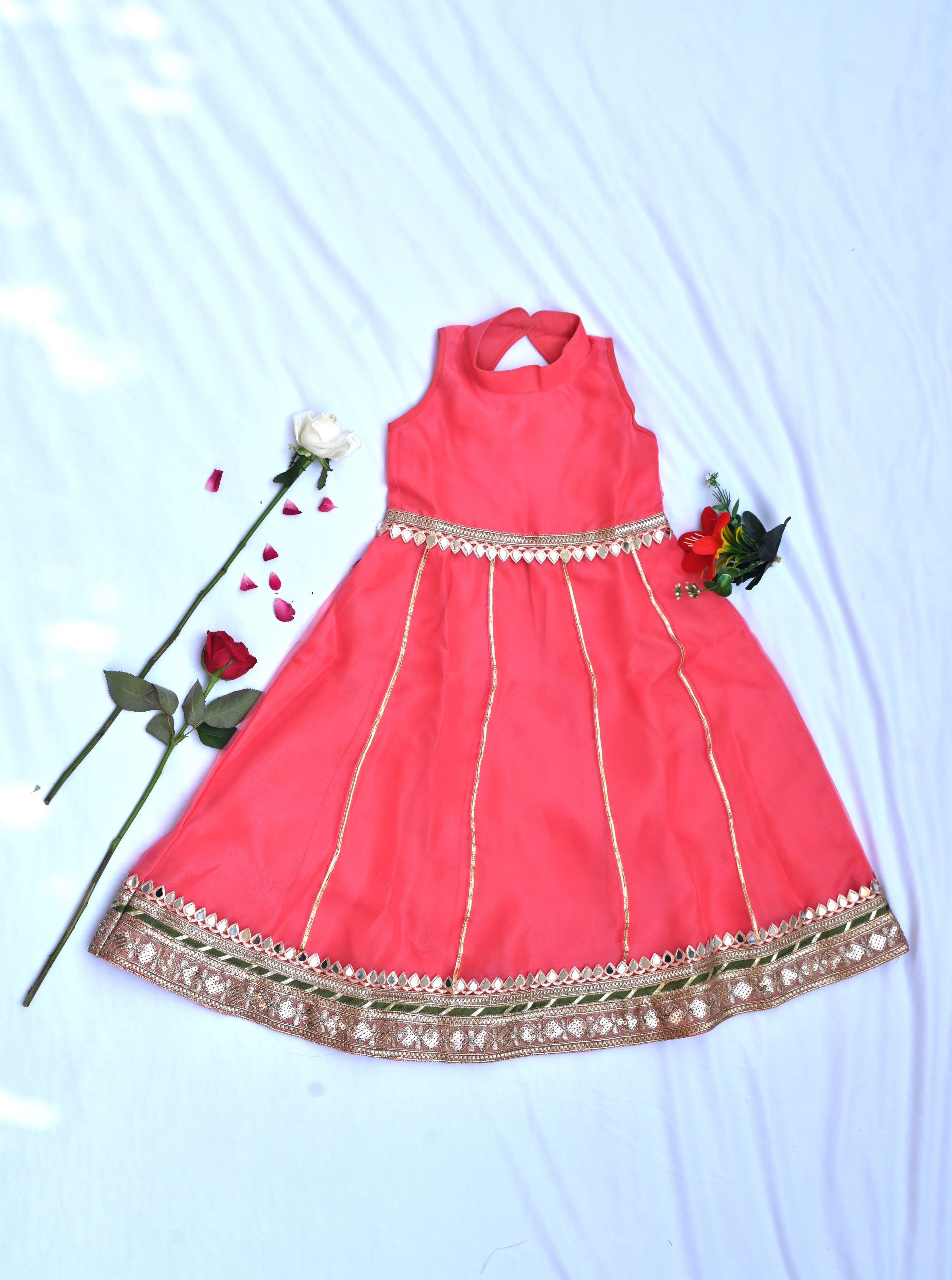 Coral long dress for girls with green dupatta