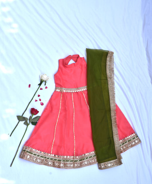 Coral long dress for girls with green dupatta