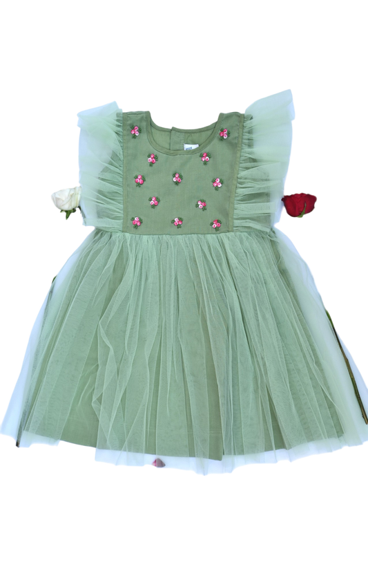 Pista green flare shoulder dress
