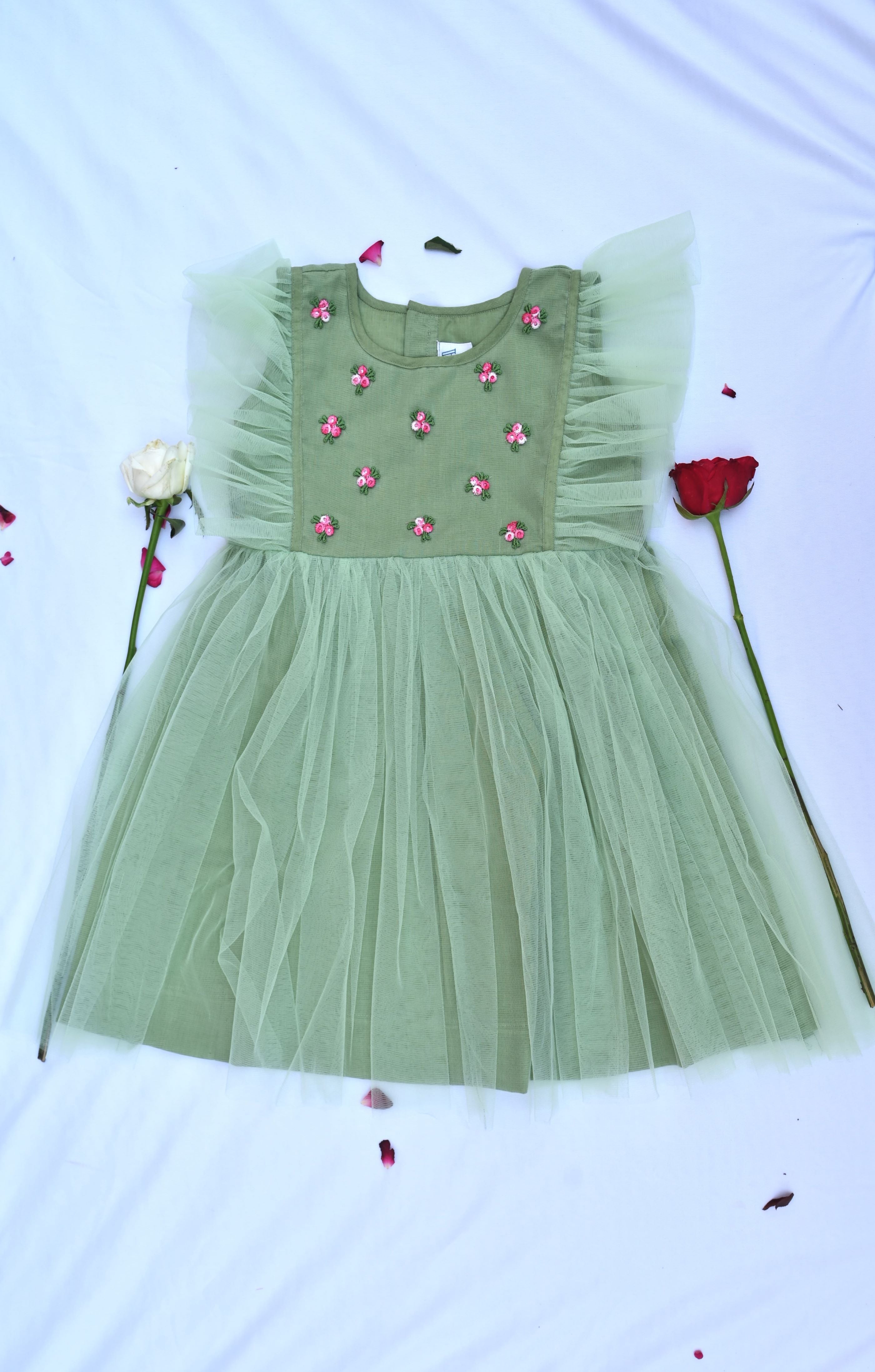 Pista green flare shoulder dress