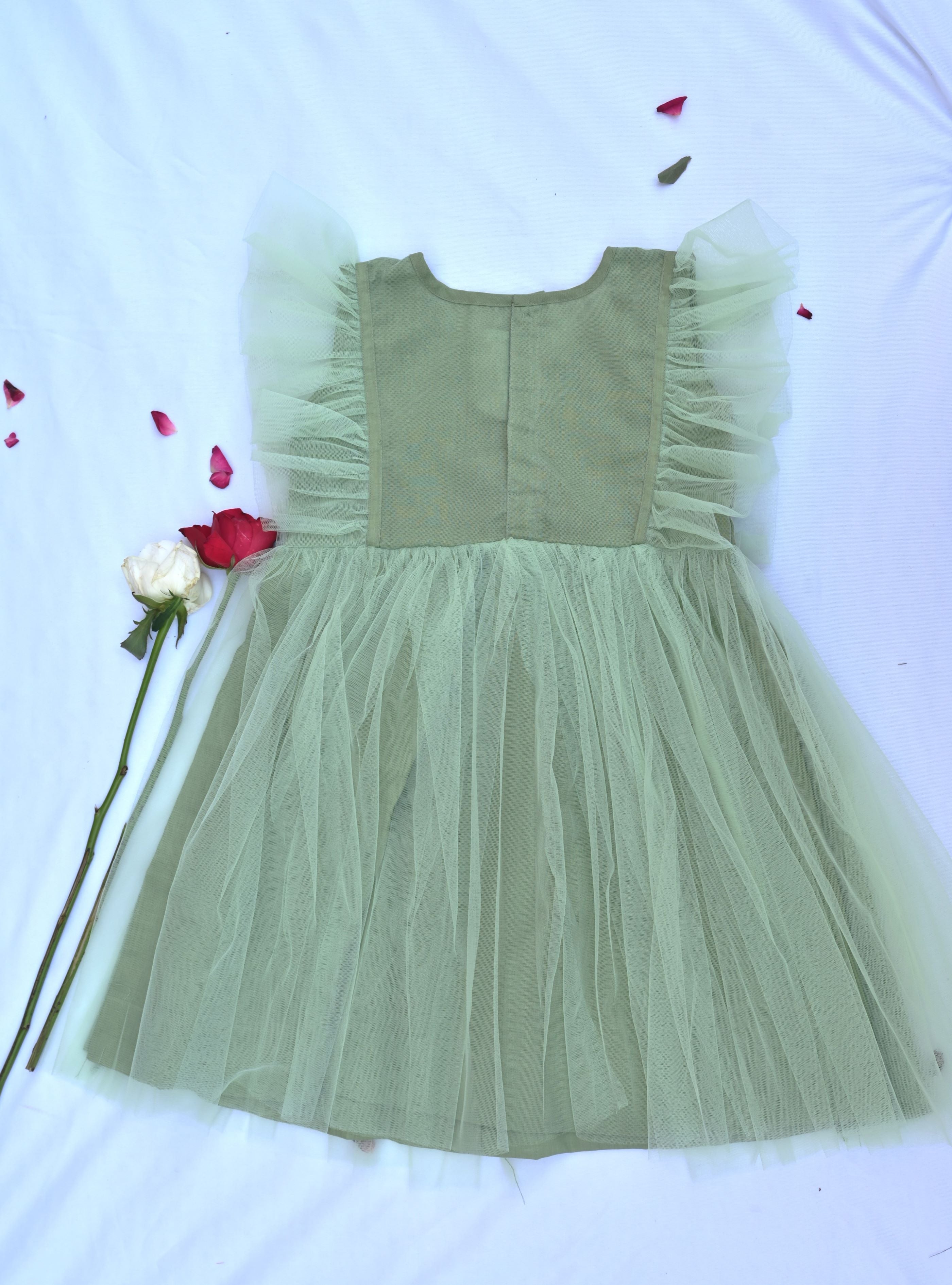 Pista green flare shoulder dress