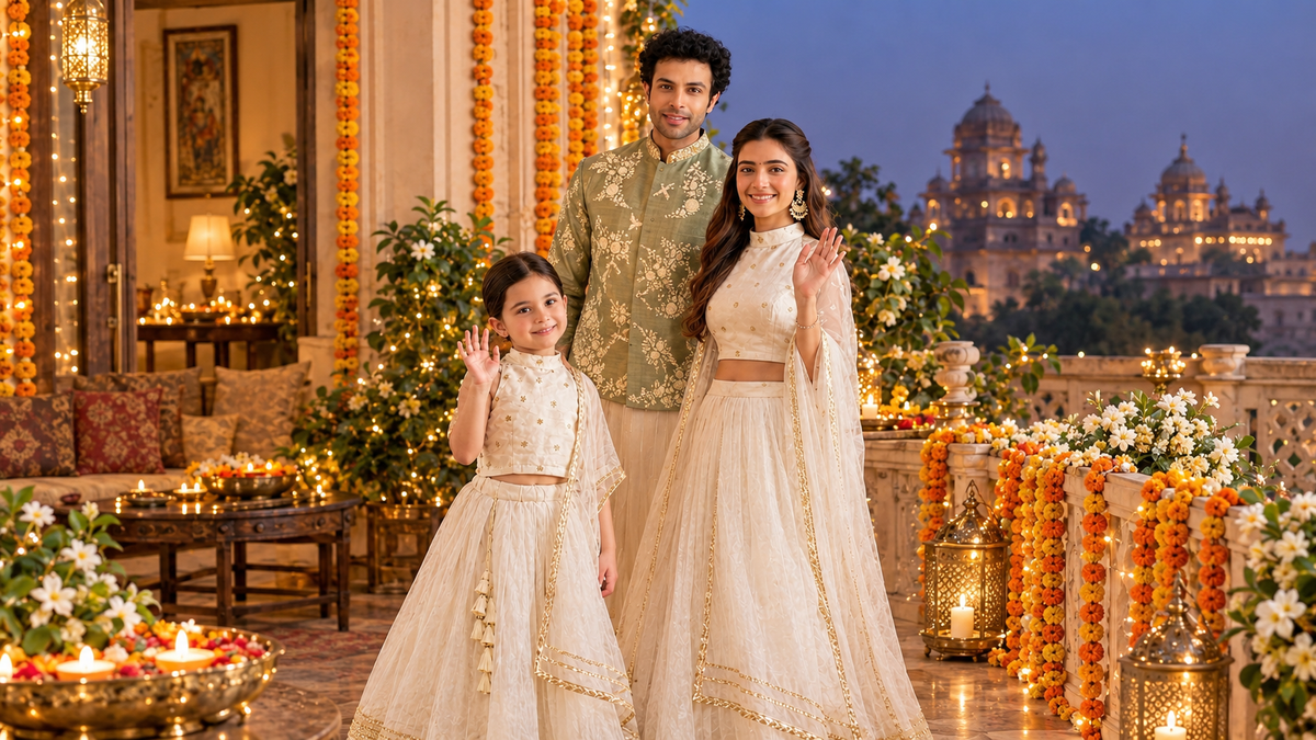 A family of three posing in traditional Indian wedding attire on a decorated rooftop terrace at dusk. The father wears an olive green embroidered sherwani, the mother wears a cream and gold lehenga choli, and the young girl wears a matching cream lehenga. Shop Diwali collection from India in the UK