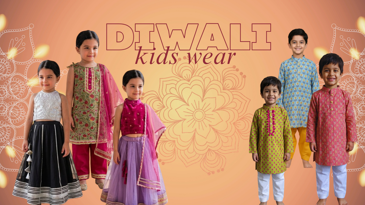 Six children modeling traditional Indian festive clothing against a warm orange background with 'DIWALI kids wear' text and decorative motifs.
