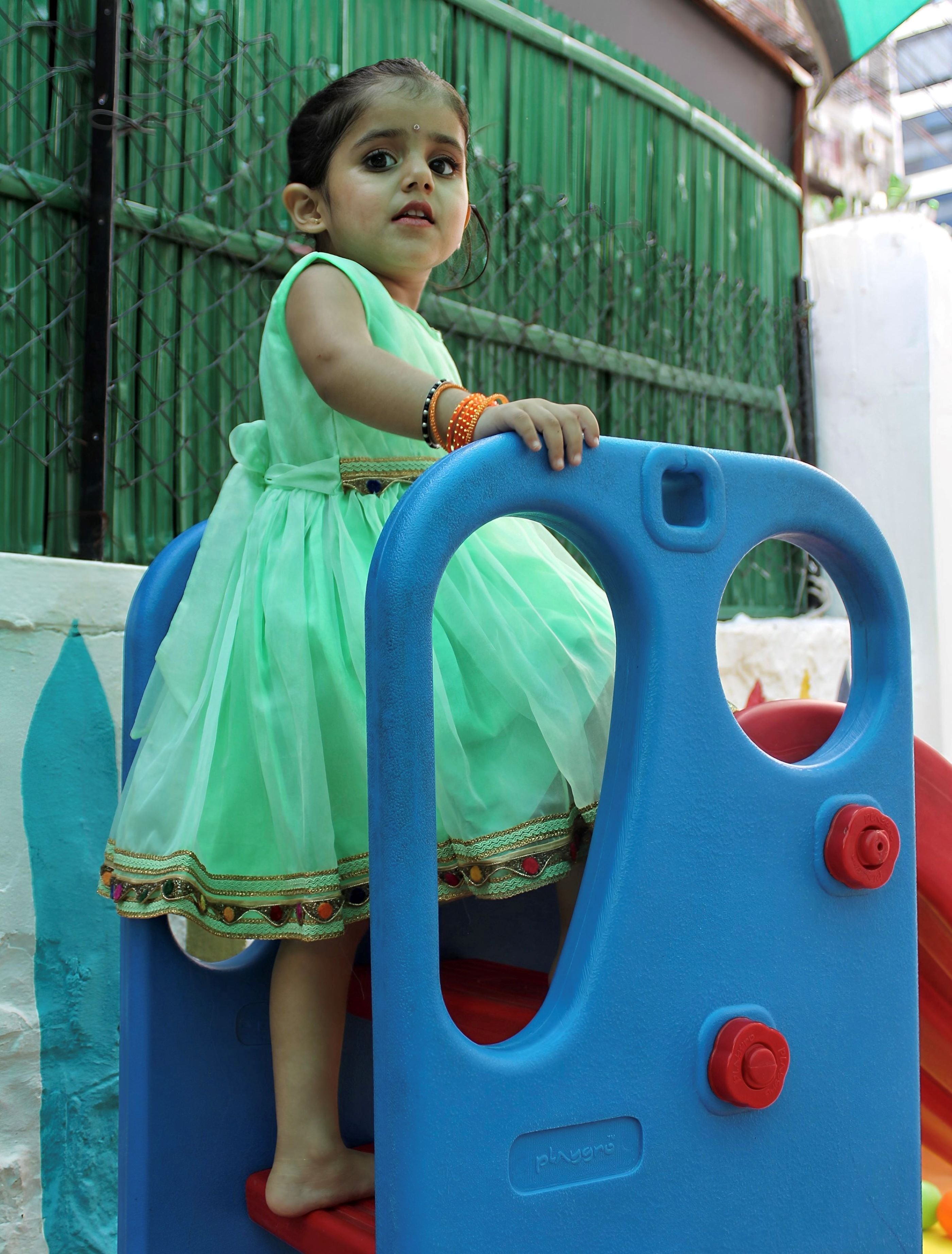 Sea green frock pleated yoke