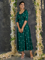 Load image into Gallery viewer, Green Bandhani Modal Satin Fit &amp; Flare Dress
