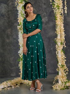 Green Bandhani Modal Satin Fit & Flare Dress