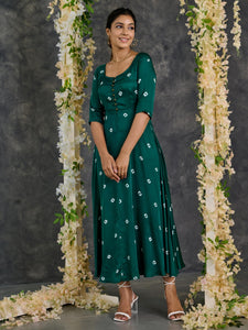 Green Bandhani Modal Satin Fit & Flare Dress