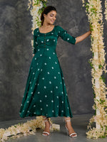 Load image into Gallery viewer, Green Bandhani Modal Satin Fit &amp; Flare Dress
