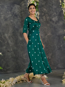 Green Bandhani Modal Satin Fit & Flare Dress