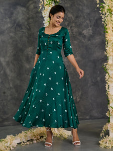 Green Bandhani Modal Satin Fit & Flare Dress