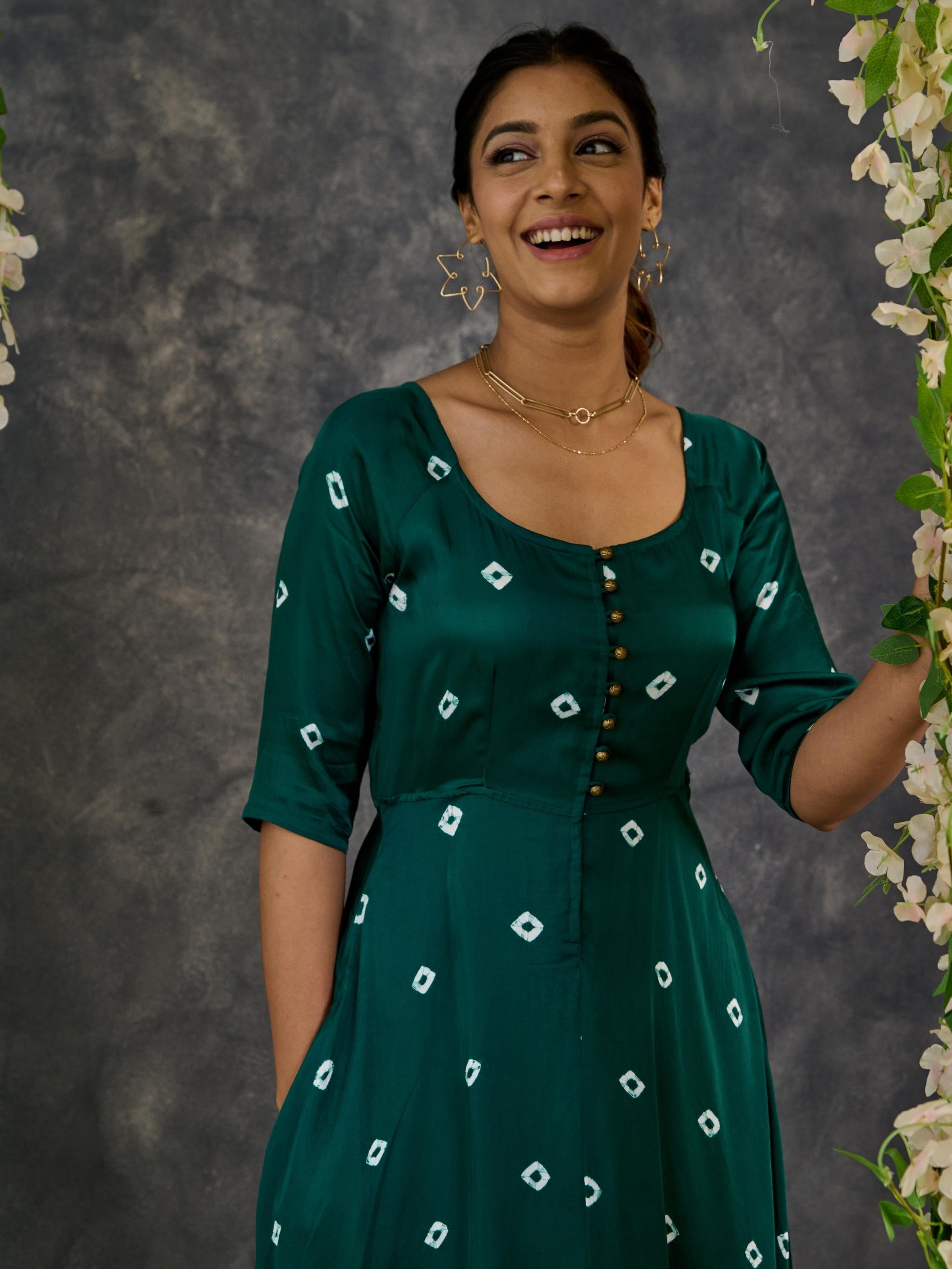 Green Bandhani Modal Satin Fit & Flare Dress