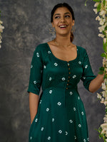 Load image into Gallery viewer, Green Bandhani Modal Satin Fit &amp; Flare Dress
