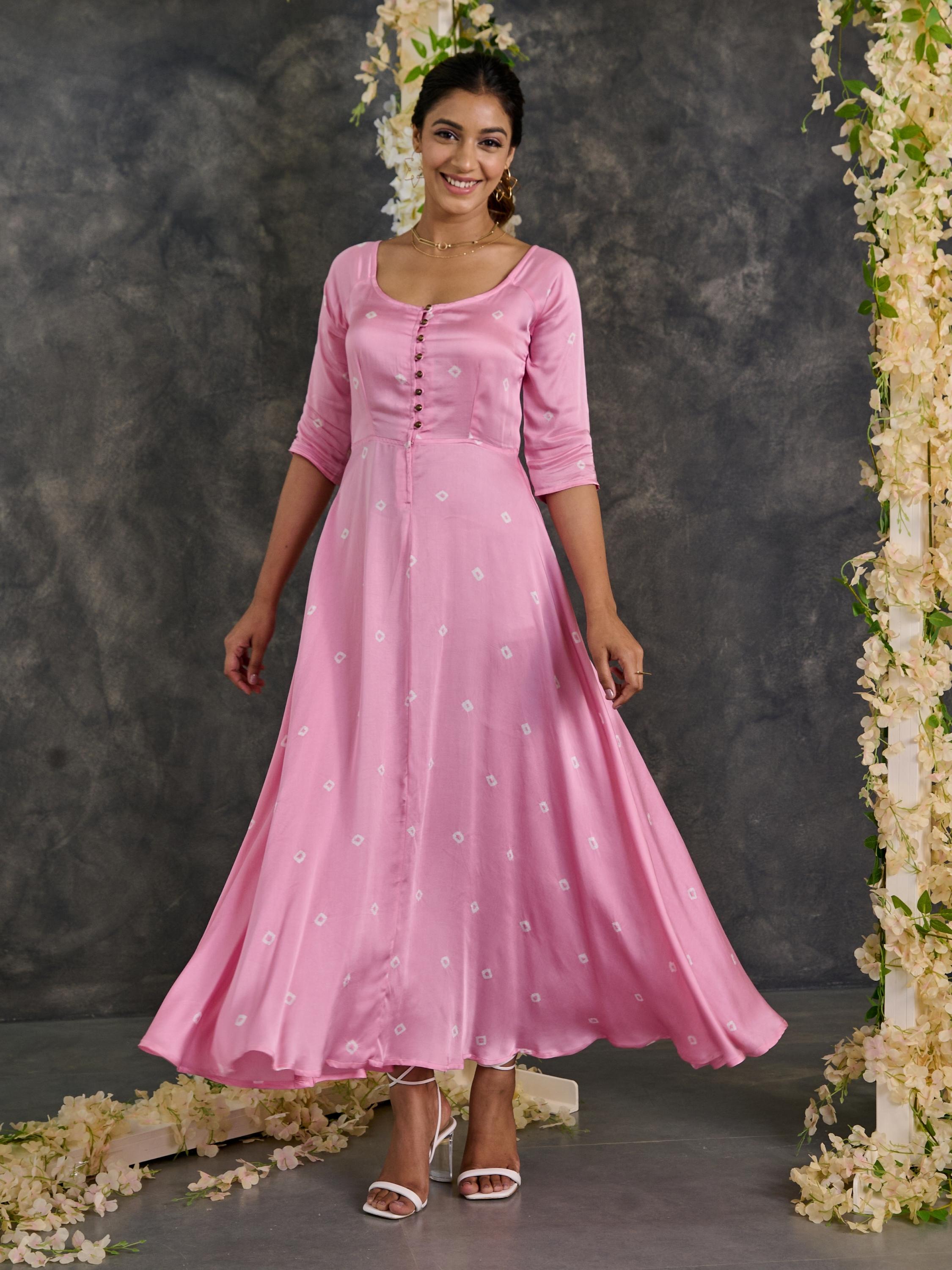 Pink Bandhani Modal Satin Fit & Flare Dress