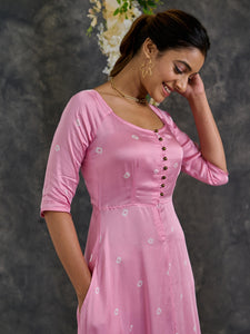 Pink Bandhani Modal Satin Fit & Flare Dress