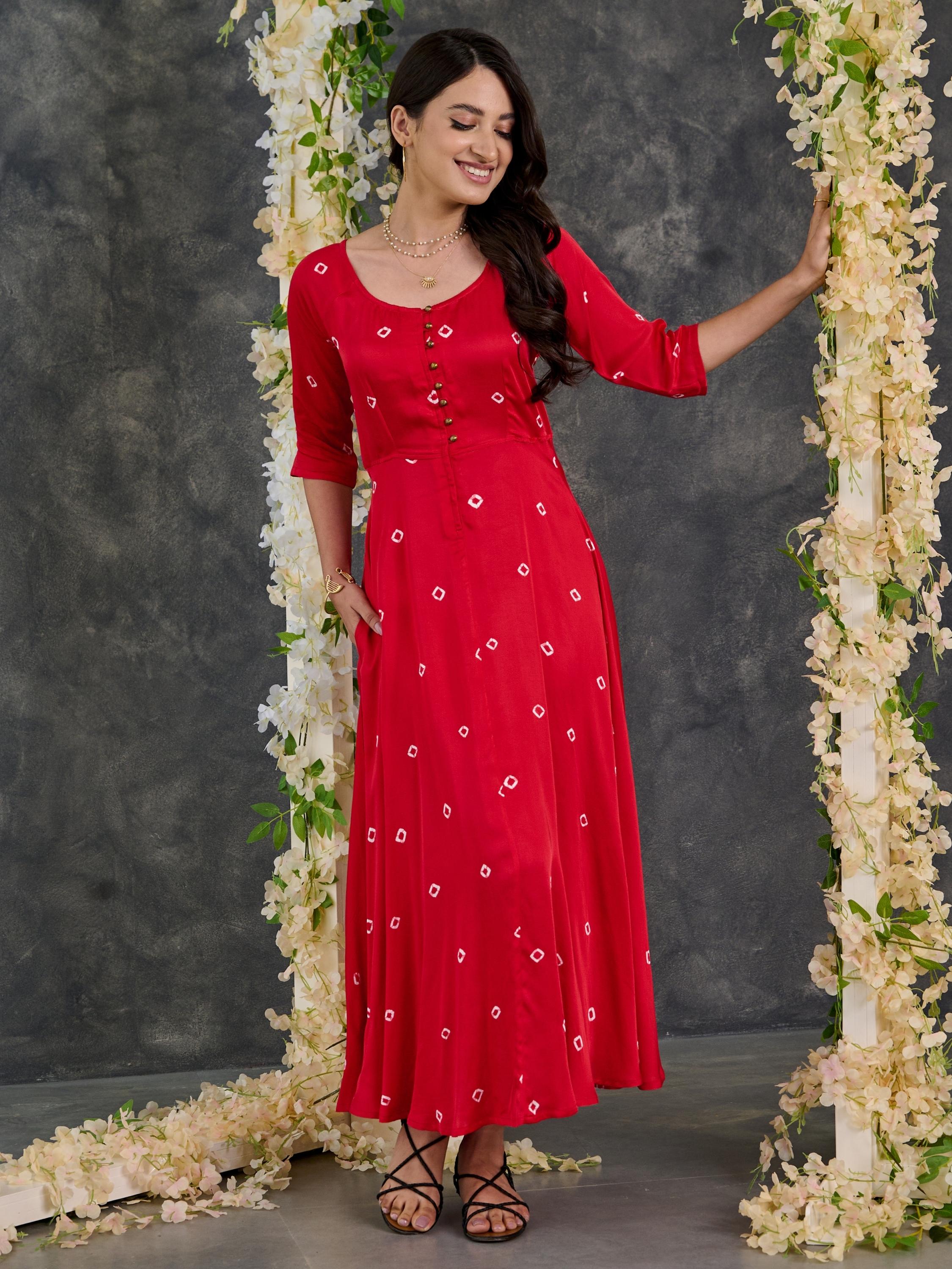 Red Bandhani Modal Satin Fit & Flare Dress