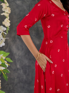 Red Bandhani Modal Satin Fit & Flare Dress