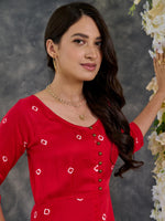 Load image into Gallery viewer, Red Bandhani Modal Satin Fit &amp; Flare Dress
