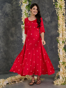 Red Bandhani Modal Satin Fit & Flare Dress