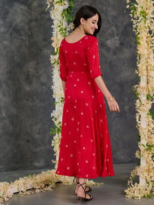 Red Bandhani Modal Satin Fit & Flare Dress