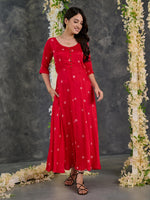 Load image into Gallery viewer, Red Bandhani Modal Satin Fit &amp; Flare Dress
