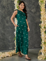 Load image into Gallery viewer, Green Bandhani Modal Satin One- shoulder Dress
