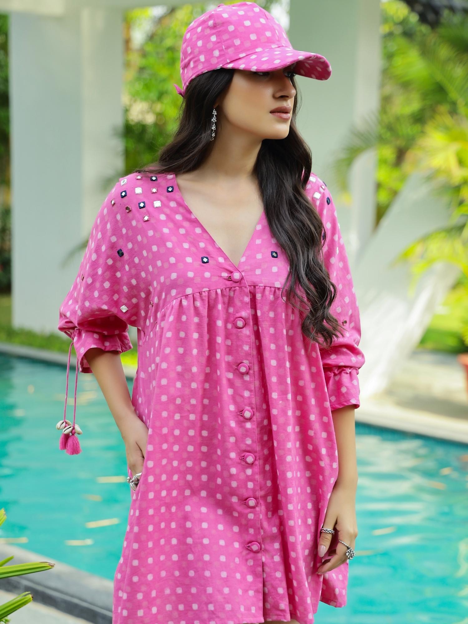 Pink Polka Dabu Print Short Dress