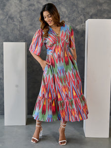 Ikat Print Grey Maxi Dress