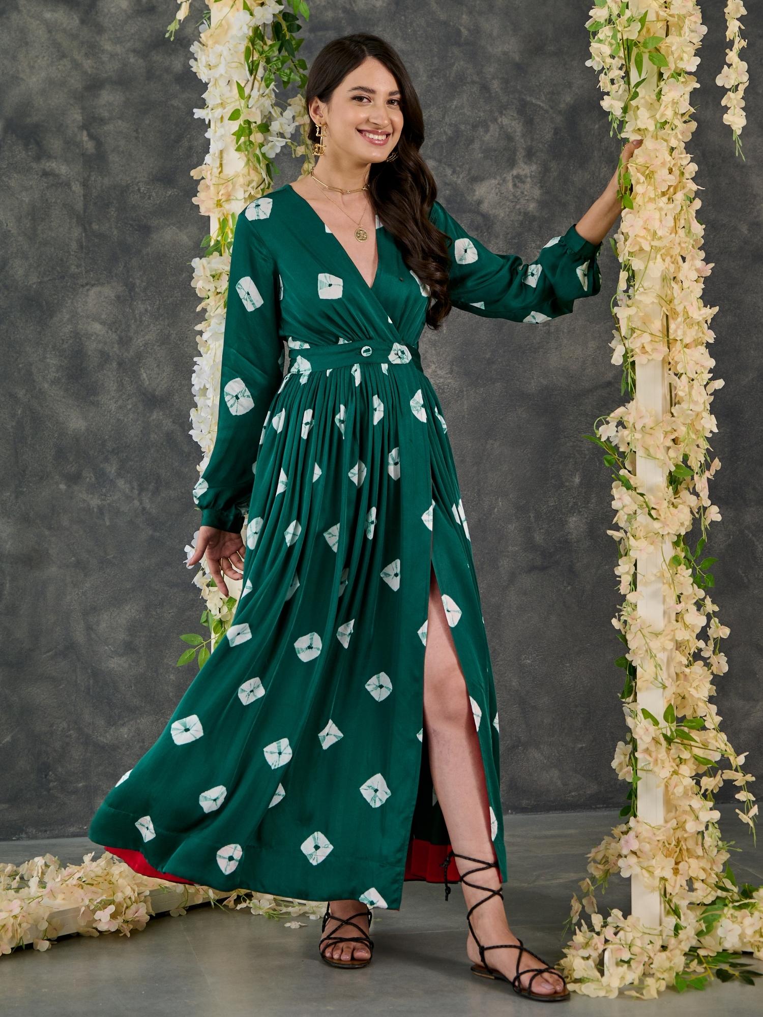 Green Bandhani Modal Satin Maxi Dress