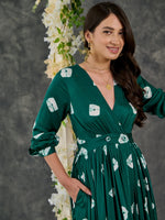 Load image into Gallery viewer, Green Bandhani Modal Satin Maxi Dress
