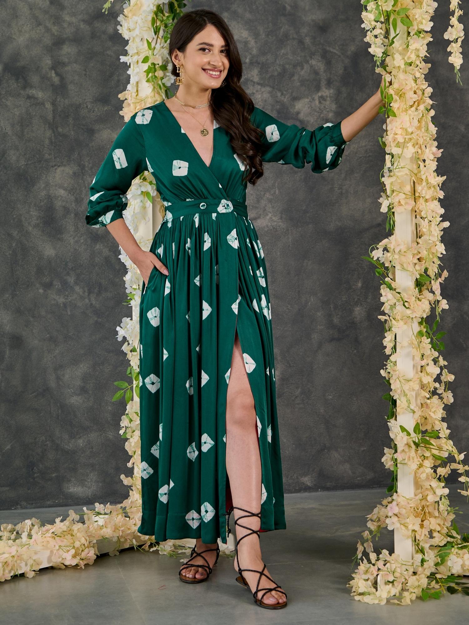 Green Bandhani Modal Satin Maxi Dress