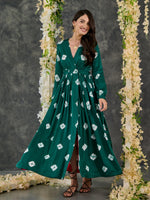 Load image into Gallery viewer, Green Bandhani Modal Satin Maxi Dress
