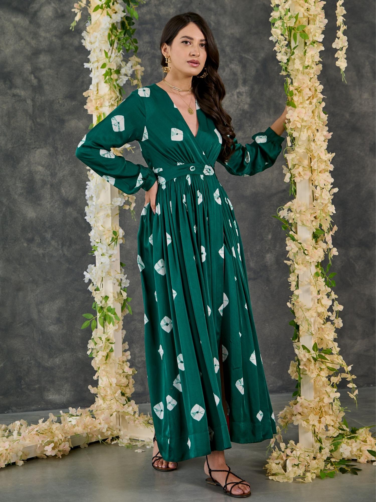 Green Bandhani Modal Satin Maxi Dress