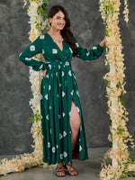 Load image into Gallery viewer, Green Bandhani Modal Satin Maxi Dress
