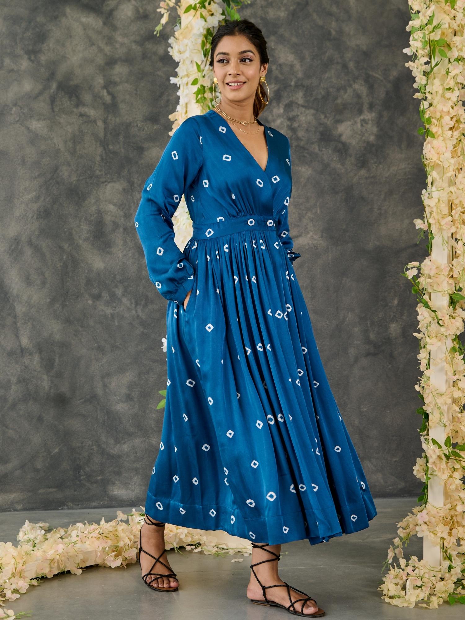 Indigo Bandhani Modal Satin Maxi Dress