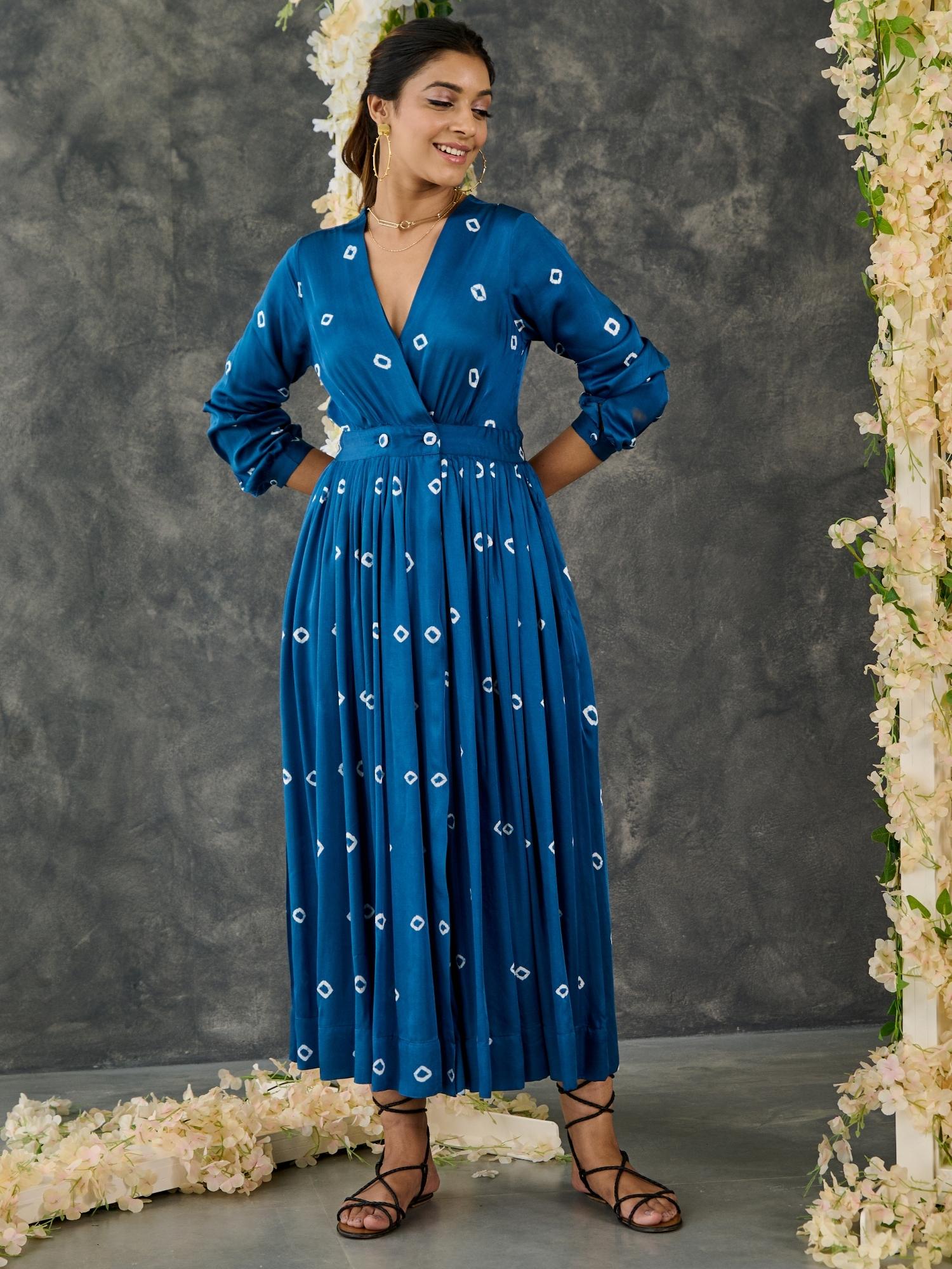 Indigo Bandhani Modal Satin Maxi Dress