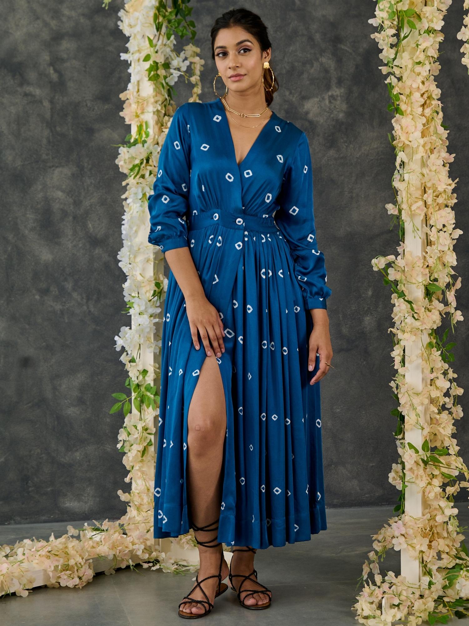 Indigo Bandhani Modal Satin Maxi Dress