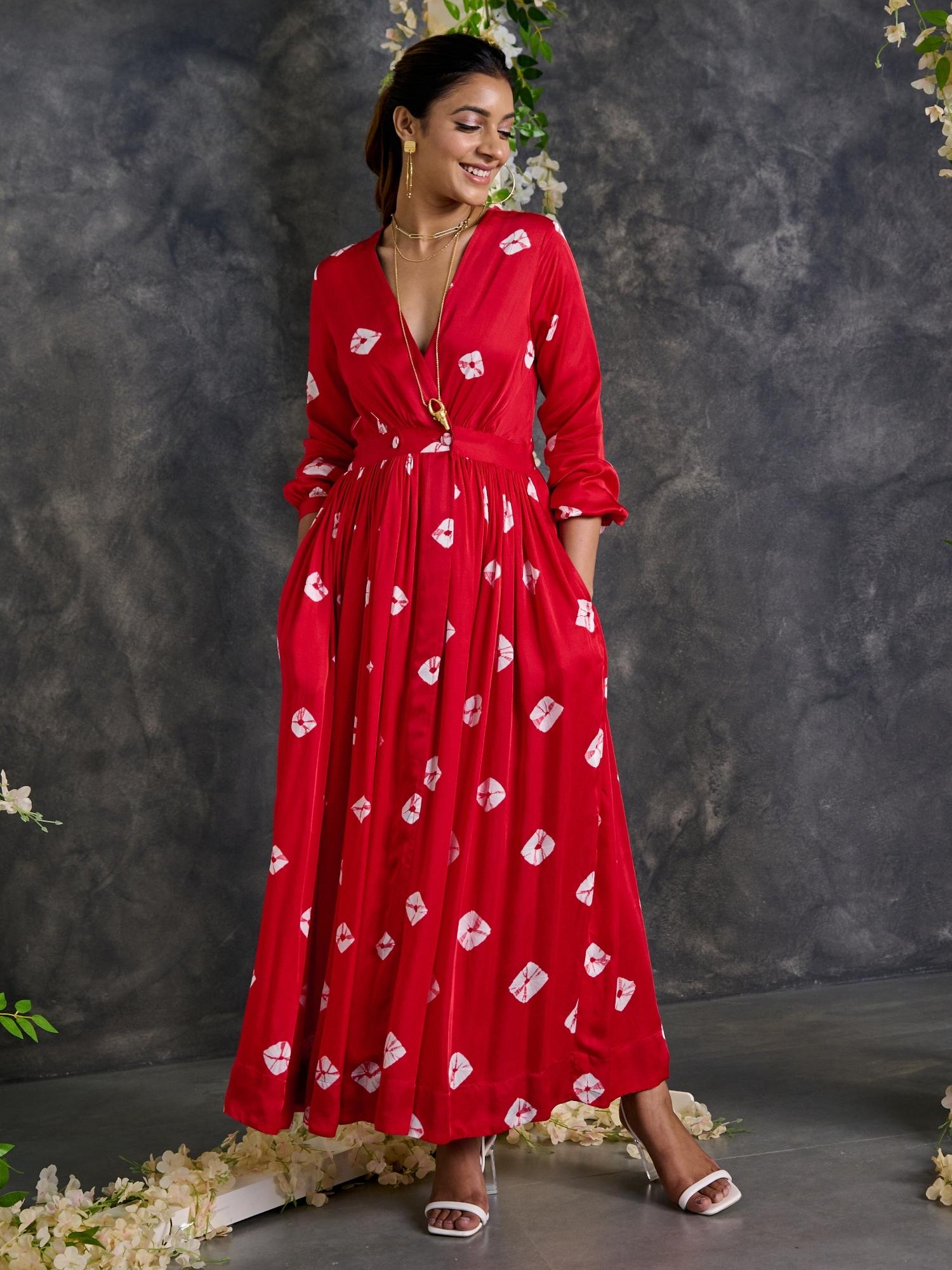 Red Bandhani Modal Satin Maxi Dress