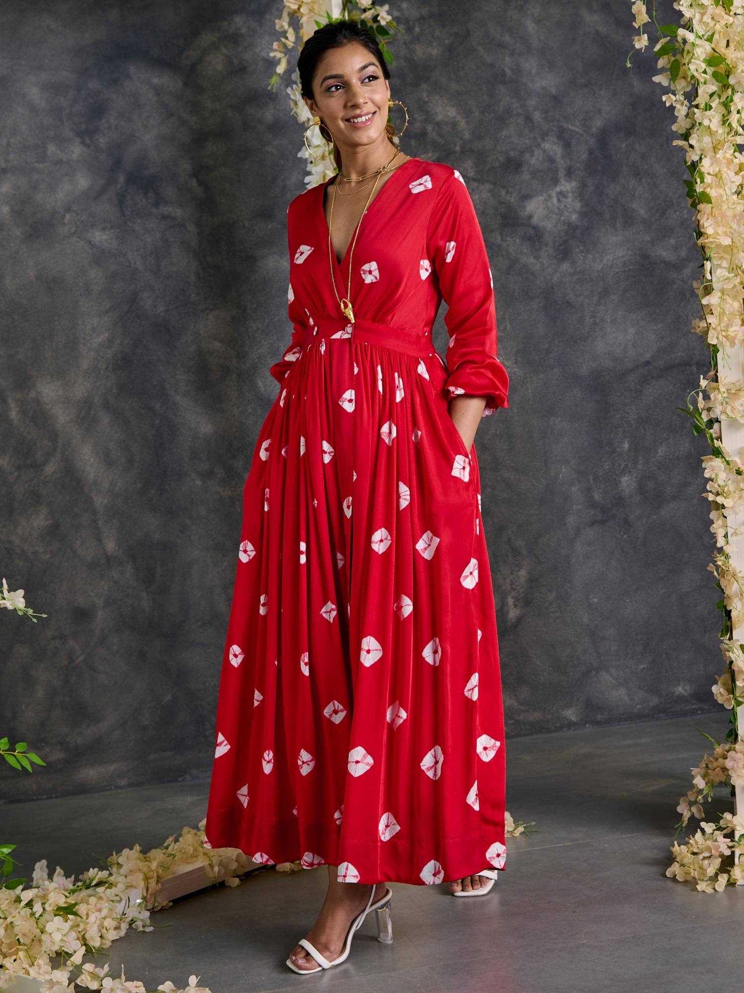 Red Bandhani Modal Satin Maxi Dress