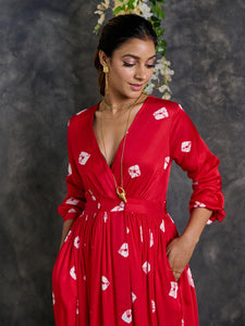 Red Bandhani Modal Satin Maxi Dress