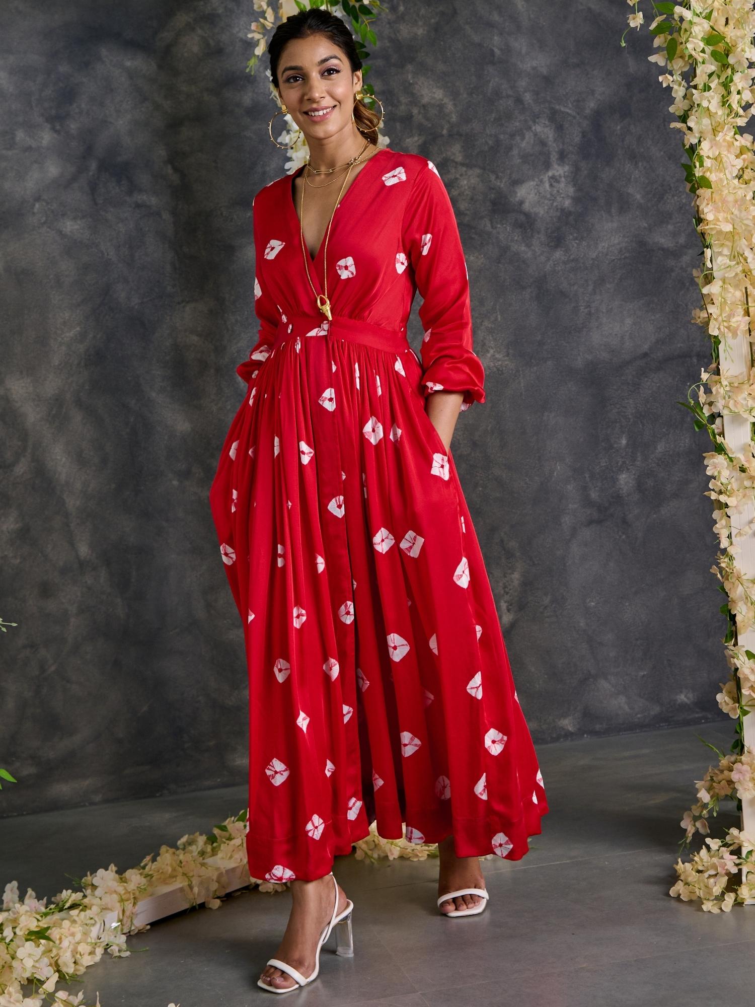 Red Bandhani Modal Satin Maxi Dress